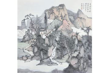 中美协中国画画家莫祝兴山水画精品《轻云自上峰间溪水鸣音润悠长》
