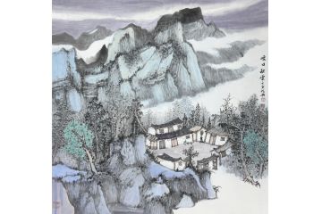 中美协中国画画家莫祝兴山水画精品《暖日秋云》
