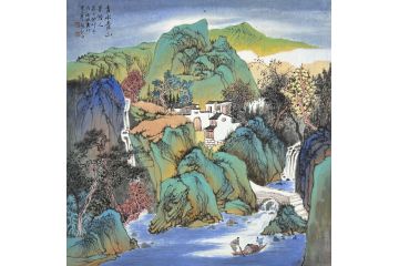 中美协中国画画家莫祝兴山水画精品《秀水青山景怡人》