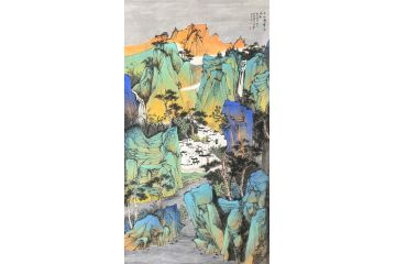 中美协中国画画家莫祝兴山水画精品《千山叠翠水长流》
