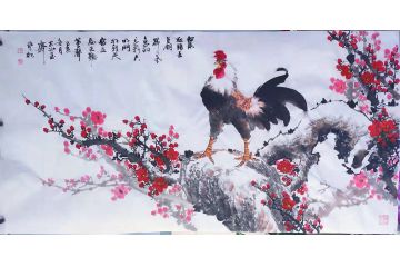 潜力画家邱冰冰国画梅花雄鸡图《昂昂气象羽毛新》