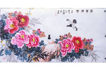 潜力画家邱冰冰国画牡丹图《富贵祥和》