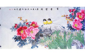 潜力画家邱冰冰国画牡丹图《富贵双栖》