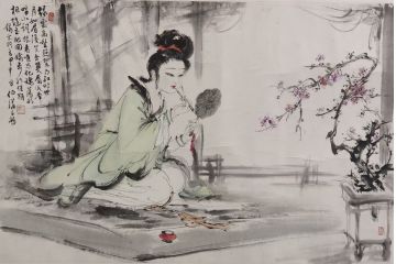 中国当代艺术家名家白伯骅仕女图《女冠子·绿云高髻》