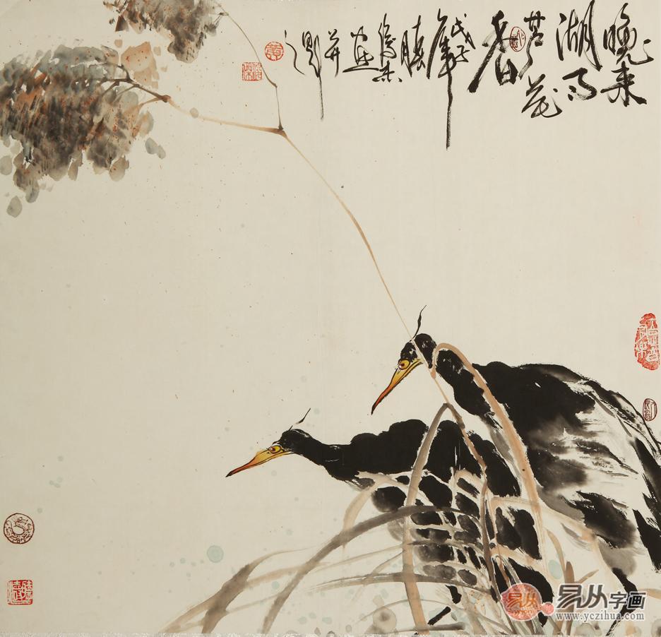 黄俊杰三尺斗方花鸟作品《晚来湖色芦花香》 